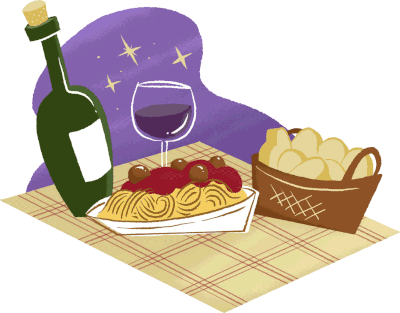 Ilustração de uma mesa de jantar com vinho e comida italiana